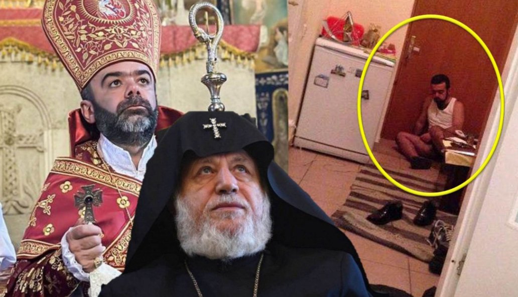 Епископ Киракос из Ктриджи, по прозвищу Биджо, лежит пьяный на земле.